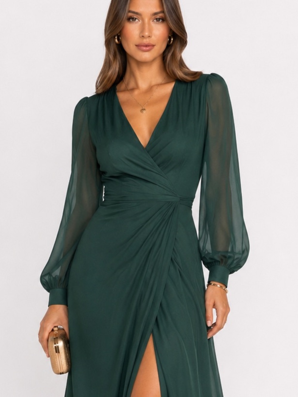 Lulus V-Neck Maxi Dress Hunter Green High Slit Size XS